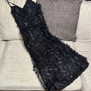 Elegant Black sheer midi dress. Spaghetti straps. Beautiful butterfly detail!